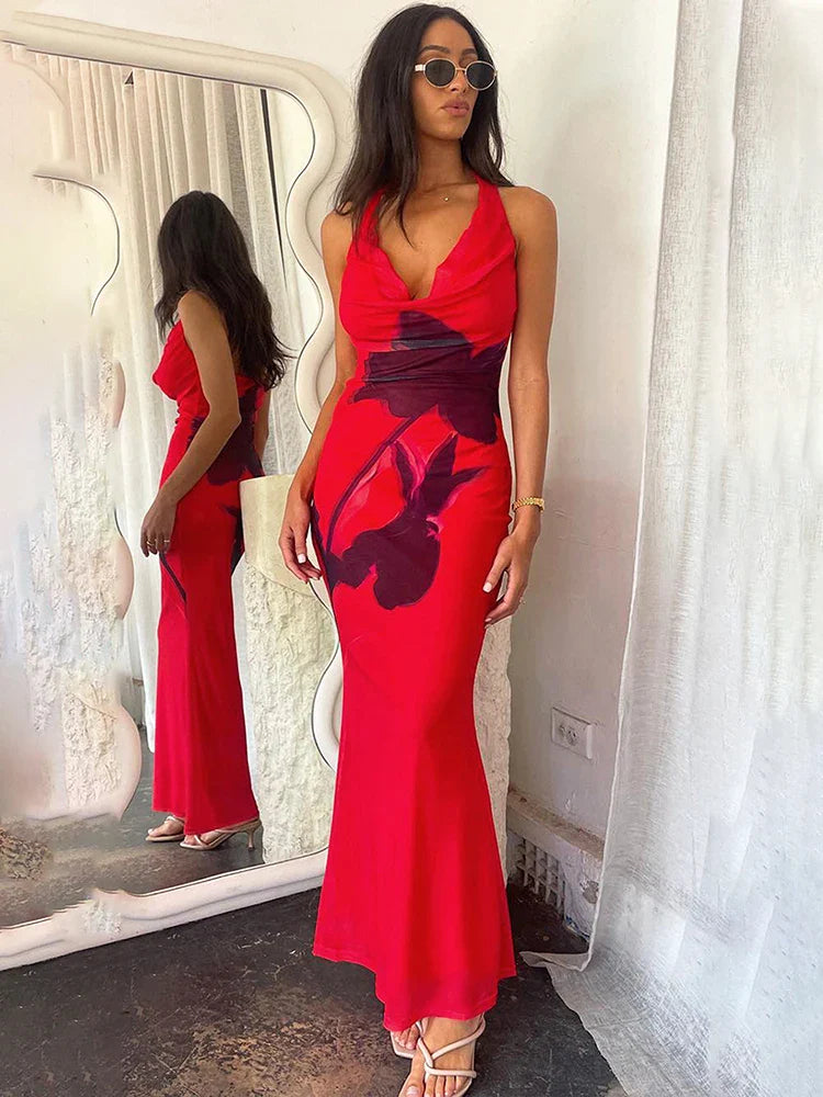 Flower Printed Halter Swinging Collar Long Dress