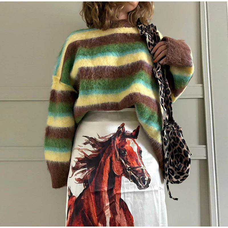 Mohair Striped Long Sleeve Contrast Sweater