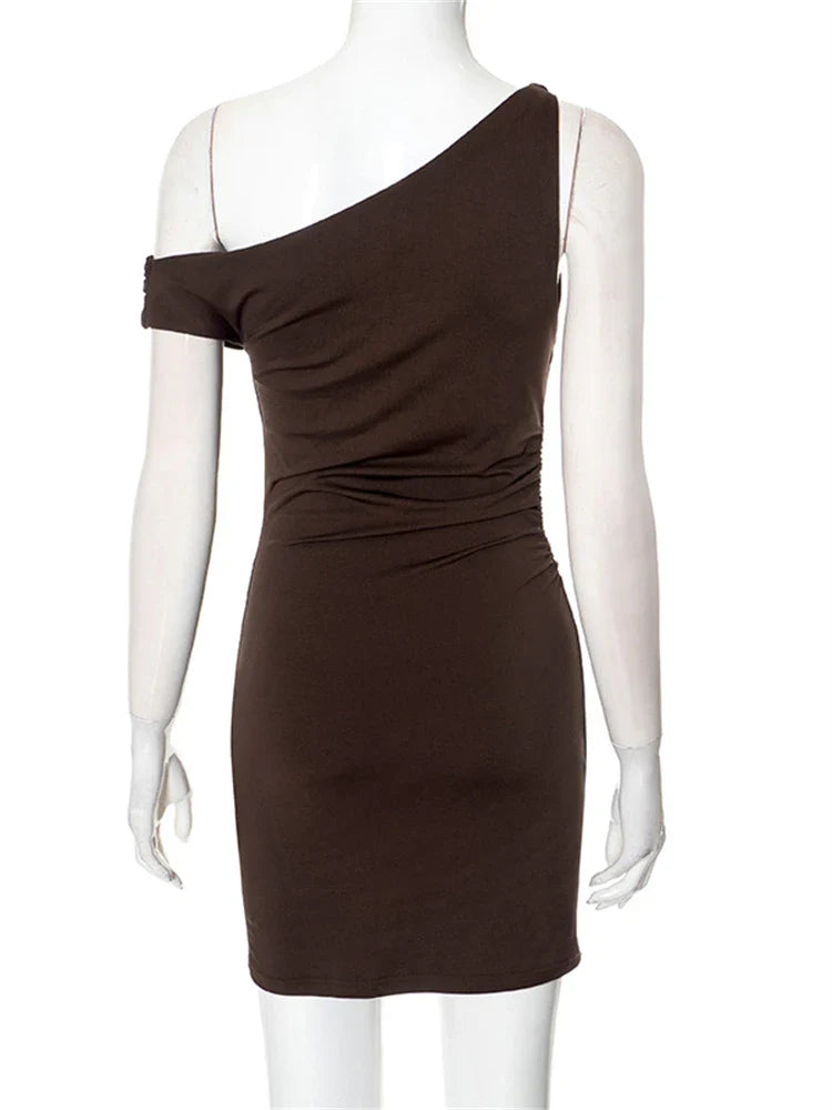 Beaded Asymmetric Slant Neck Mini Dress
