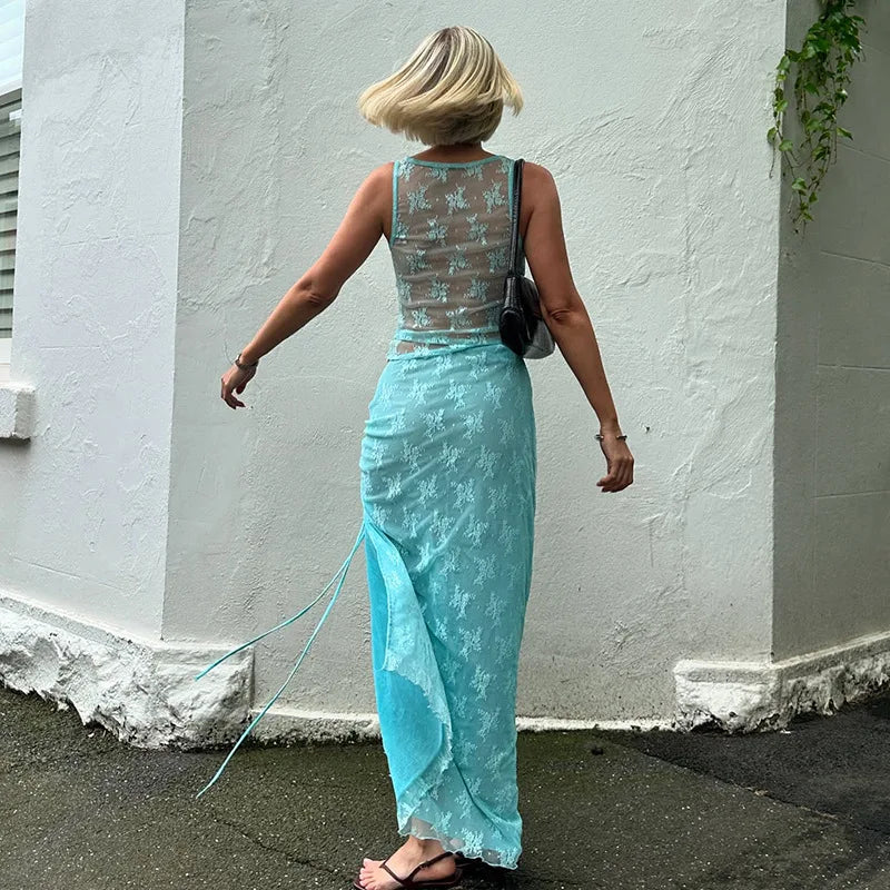Elegant Summer Lace V-Neck 2-Piece Maxi Skirt Set