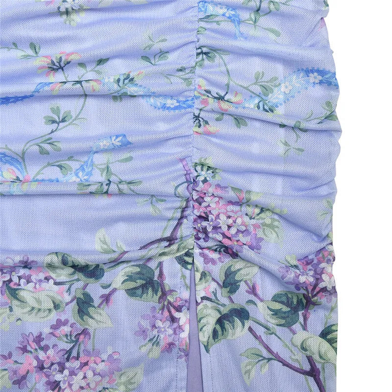 Floral Print Mesh Zipper Spaghetti Strap Long Dress