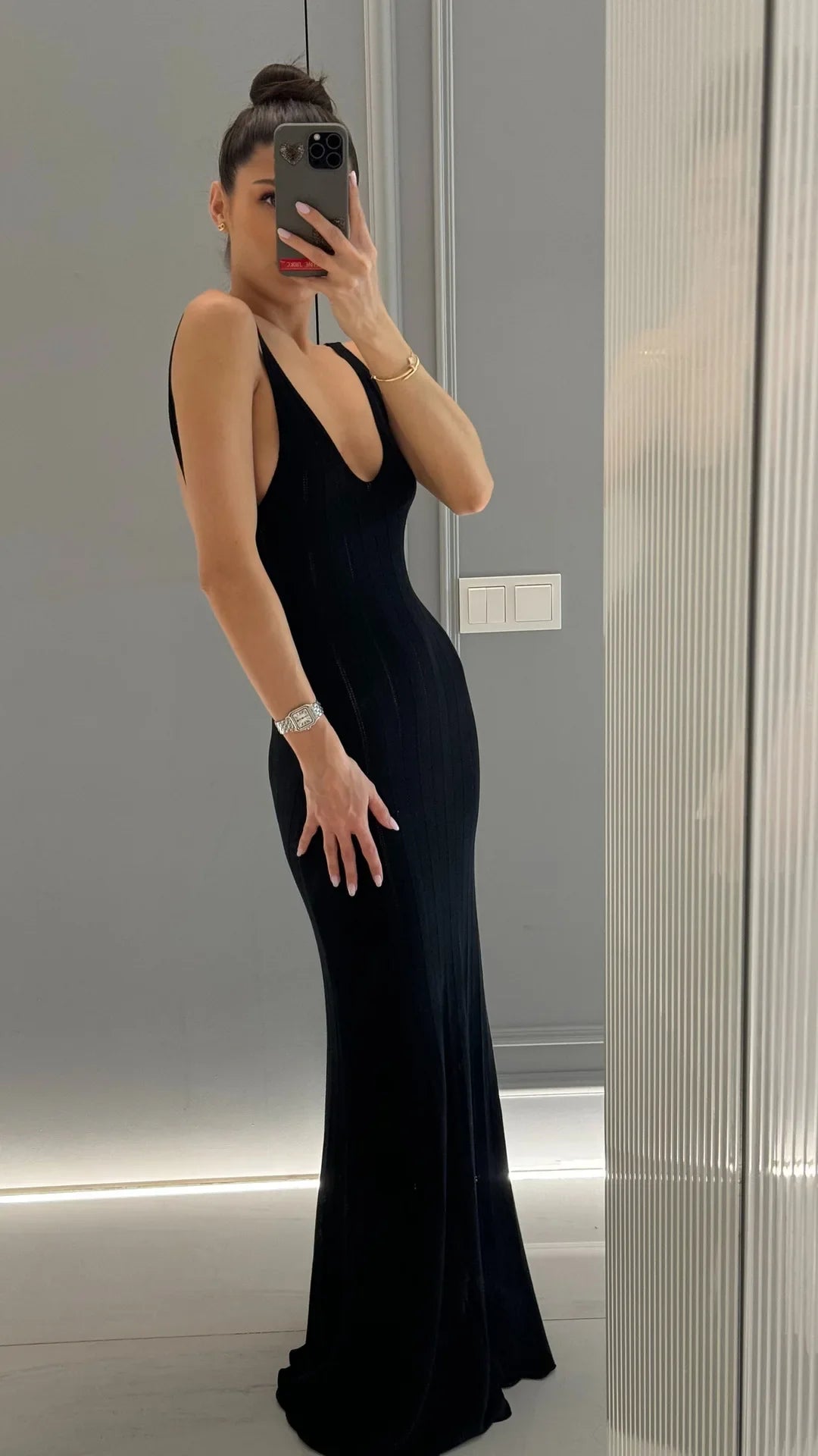 Knit Ribbed Open Back Solid Long Dress