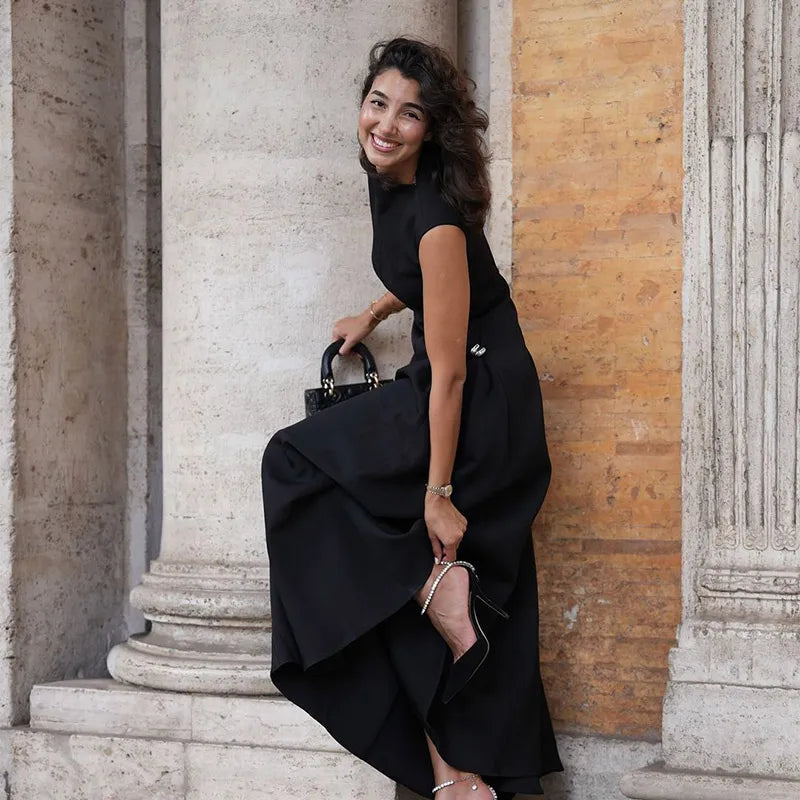 Slanted Collar Solid Pleated Long Dress