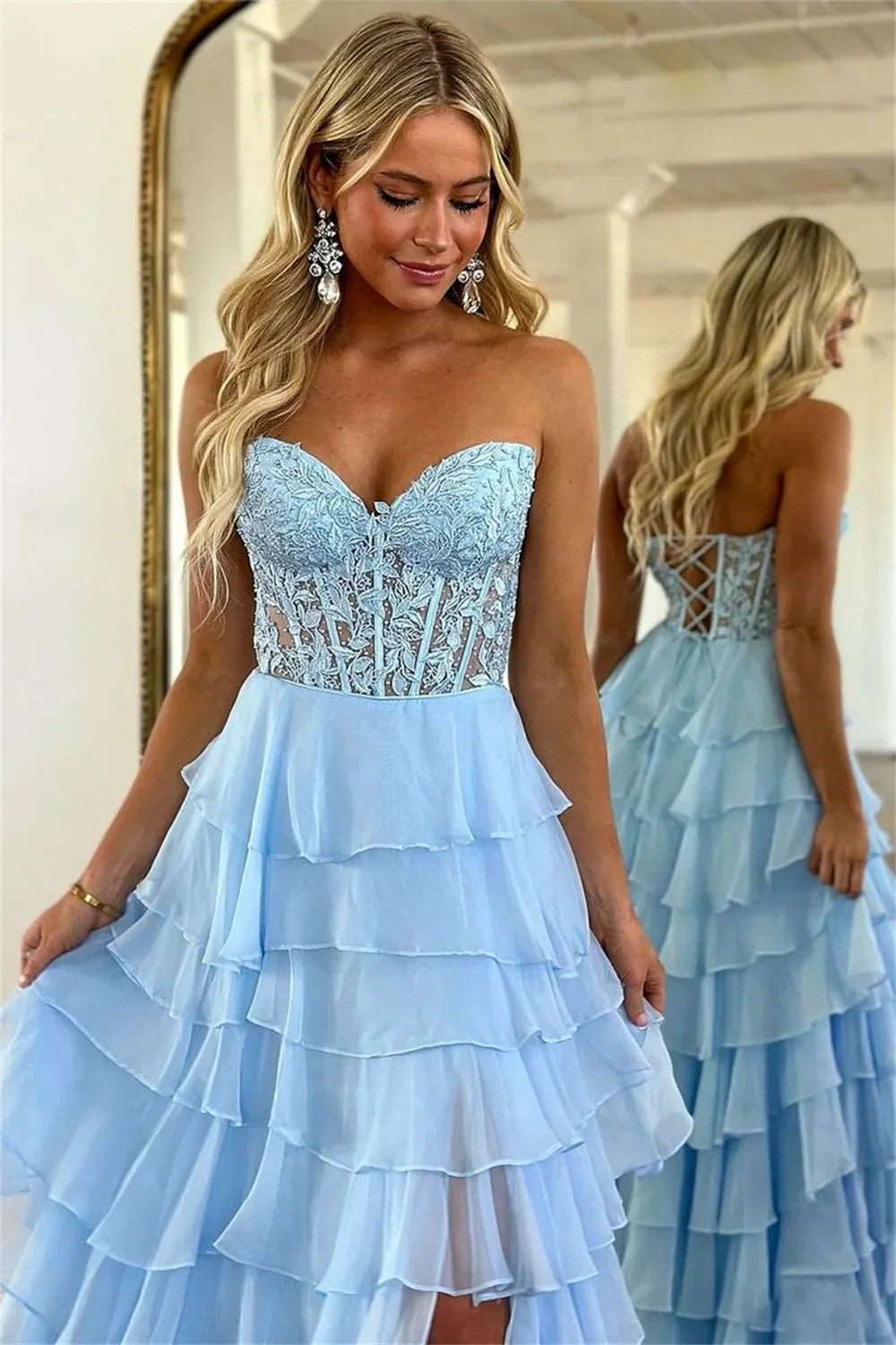Lace Embroidery Chiffon A-line Prom Dresses