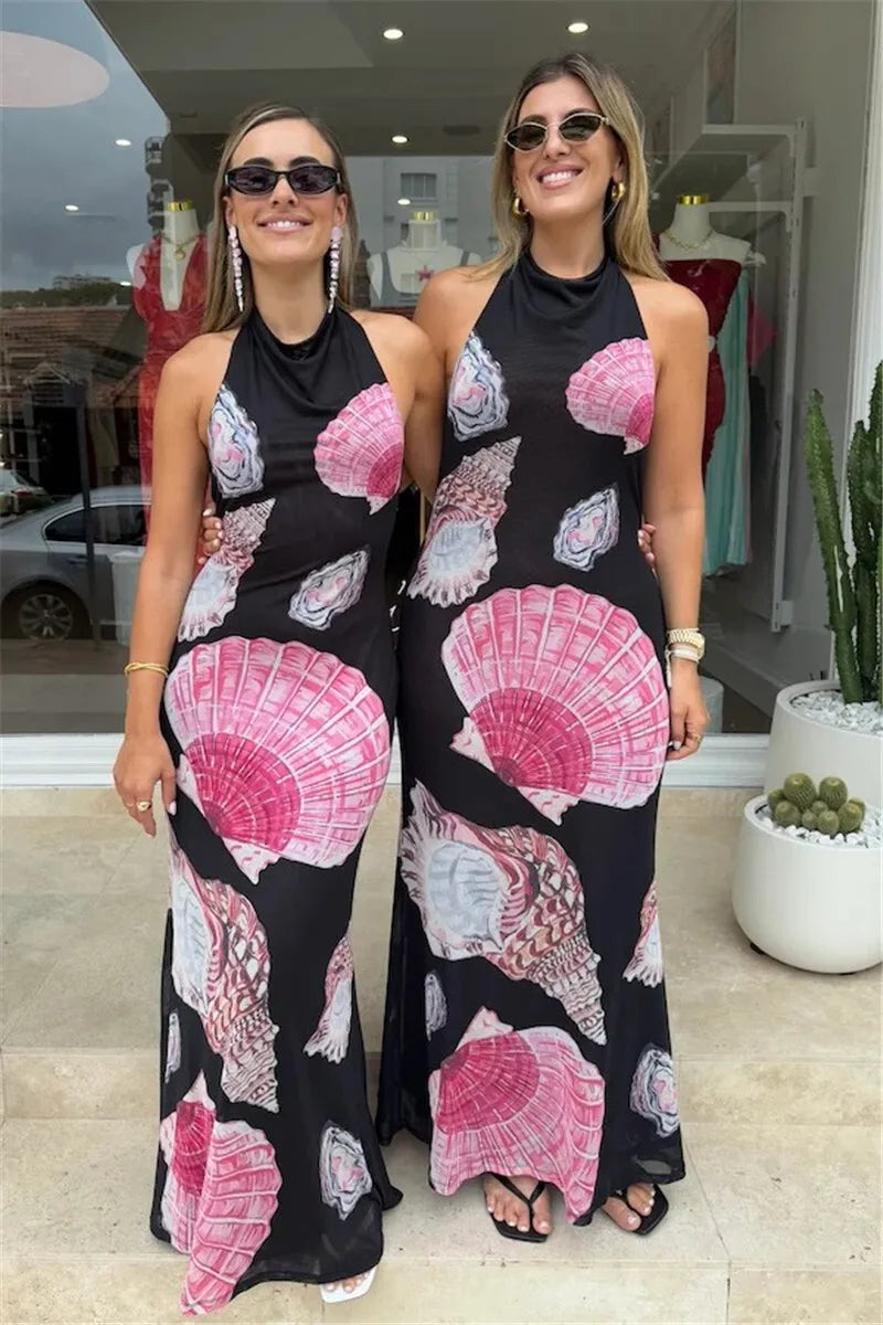 Backless Printed Patchwork Beach Holiday Long Dress