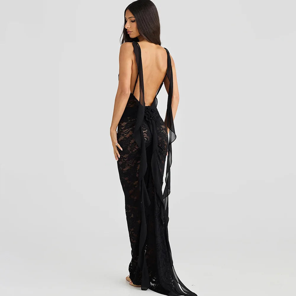 Lace Patchwork Backless Trailing Long Dress