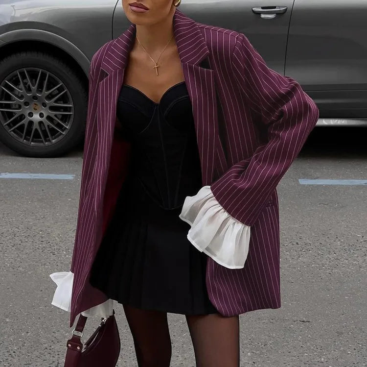 Patchwork Notched Collar Lace Flare Sleeve Jacket