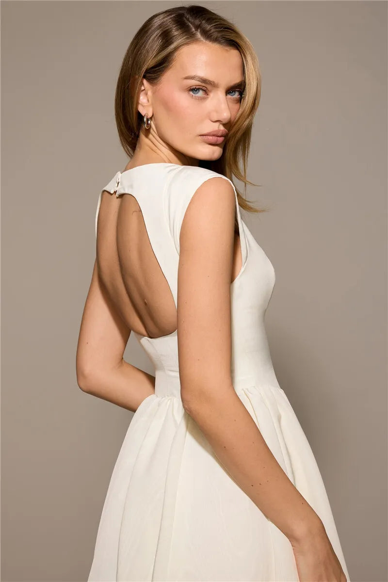 White Backless Solid Hollow Out Pleated Dress