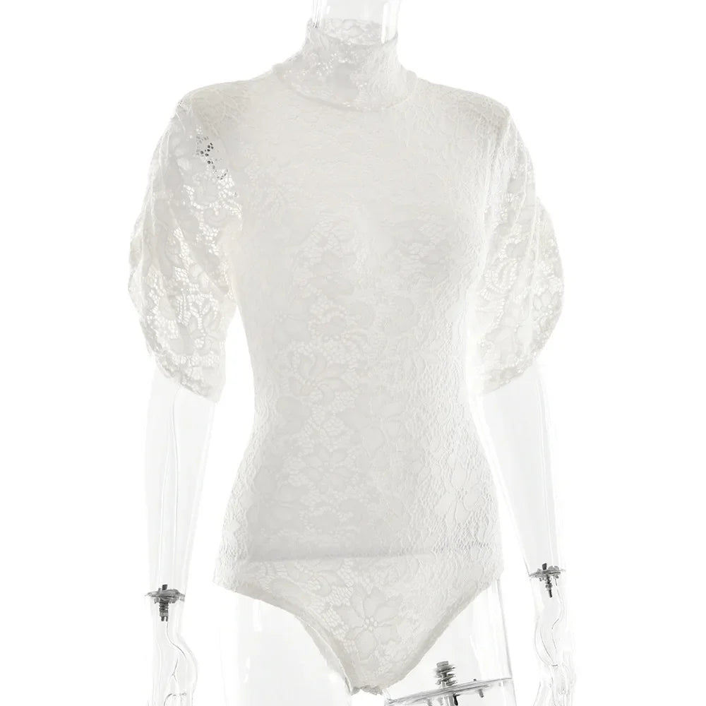 Turtleneck Lace Short Sleeve Shoulder Pads Bodysuit
