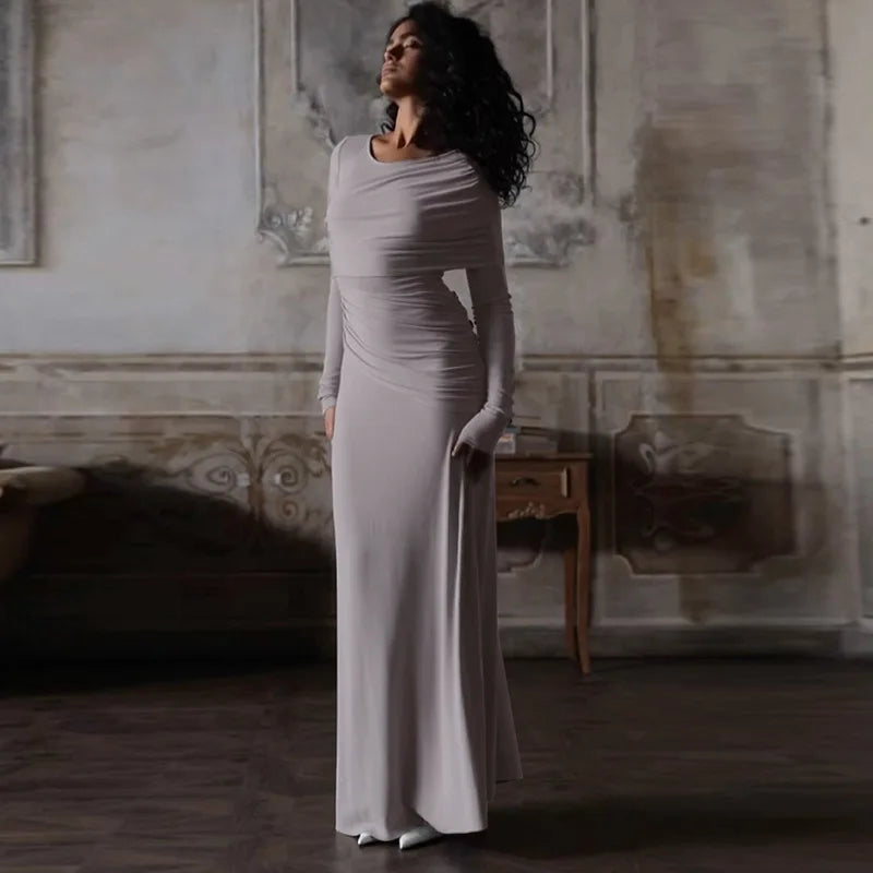 Solid Long Sleeve Irregular Splice Long Dress