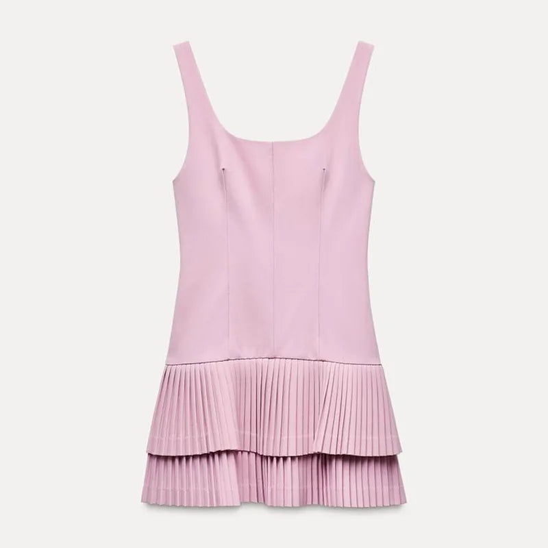 Square Collar Sleeveless Pleated Short Dress
