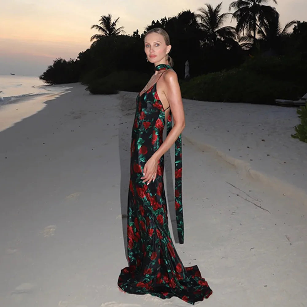 Floral Print Backless Maxi Dress