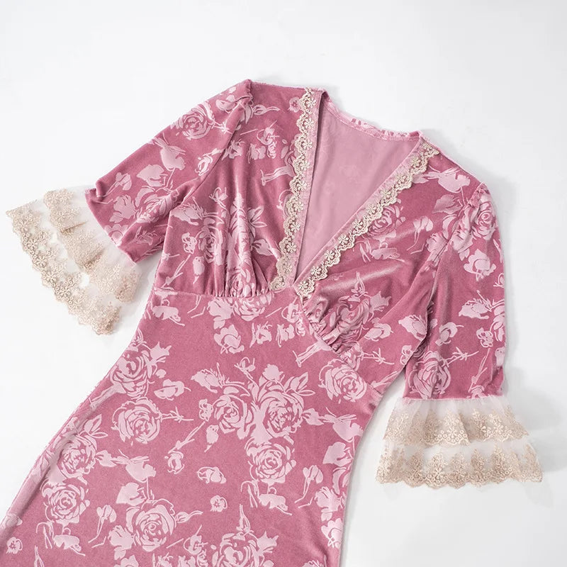Patchwork Lace Short Sleeve Printed Floral Dress