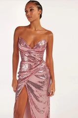 Sequined Strapless Slit Lace Up Ankle Length Dress