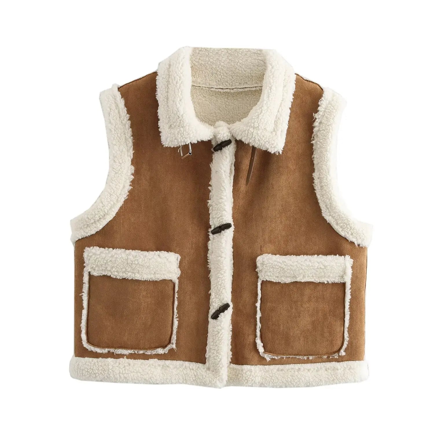 Faux Fur Lapel Horn Buttons Sleeveless Jacket