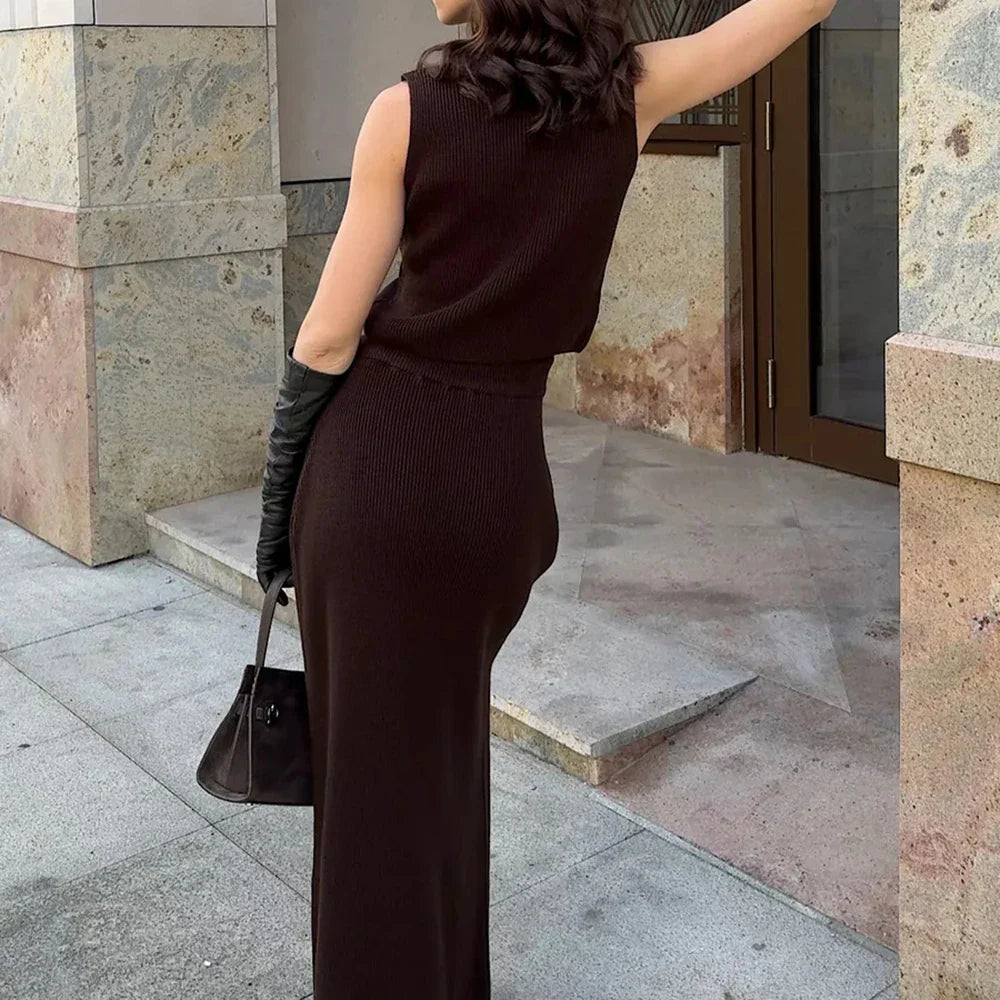 Solid Knit Sleeveless Top Long Skirt Set