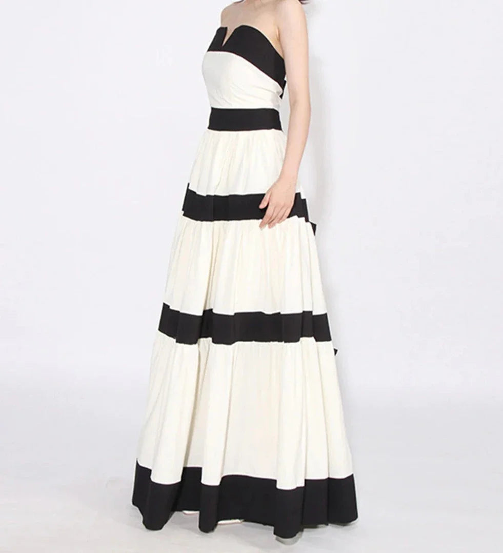 Colorblock Patchwork Bow Strapless Long Dress