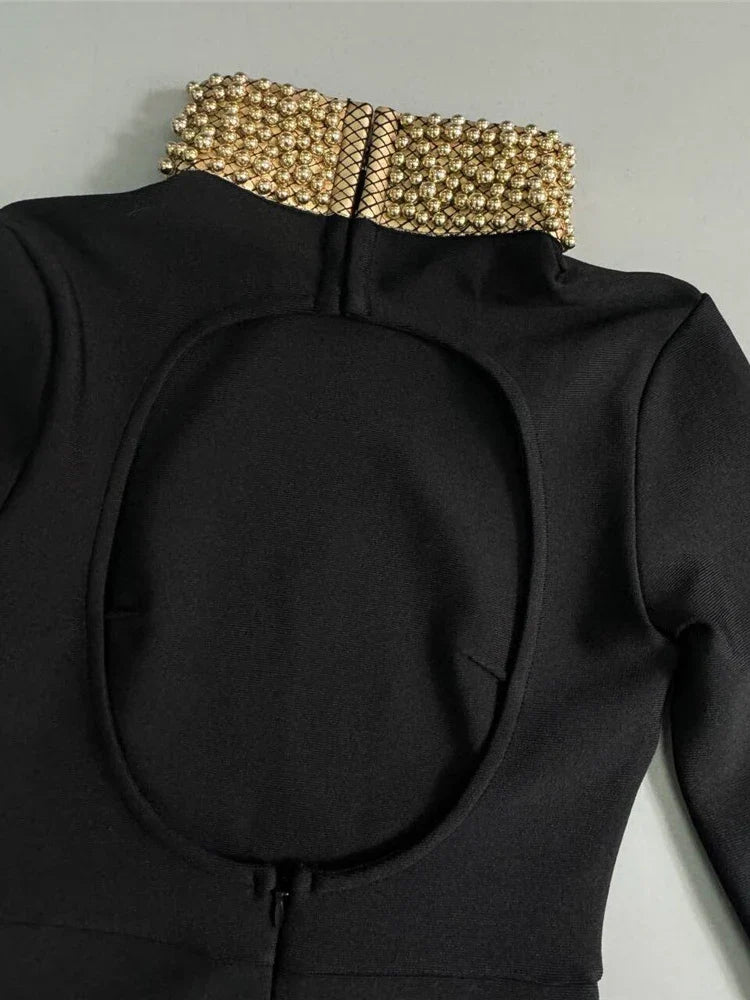 Turtleneck Gold Pearls Long Sleeve Dress