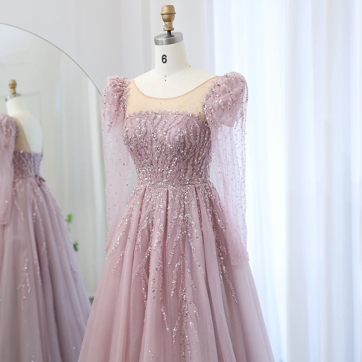 Dusty Pink Long Sleeve Formal Prom Gown