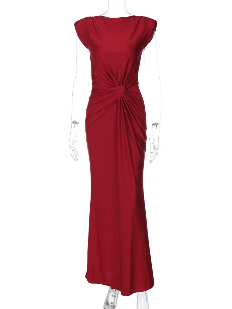 Solid Boat Neck Twist Knot Long Dress