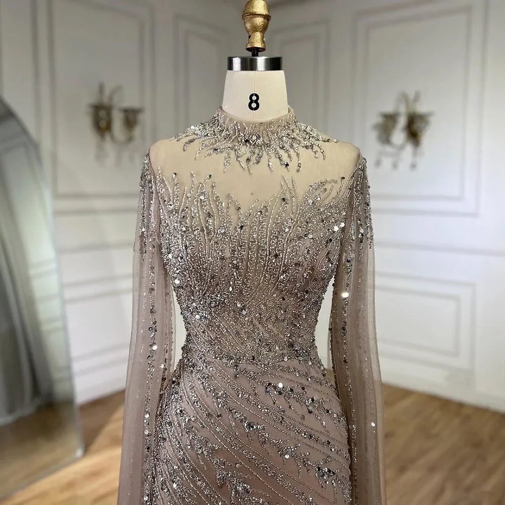 Beaded Lace Mermaid Gown with Cape Sleeves