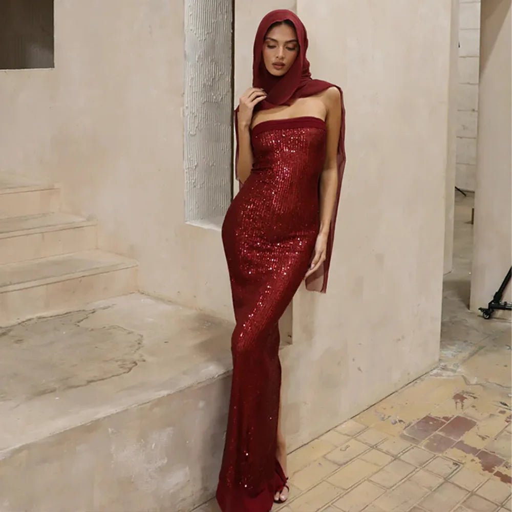 Strapless Sequin Slit Backless Dress