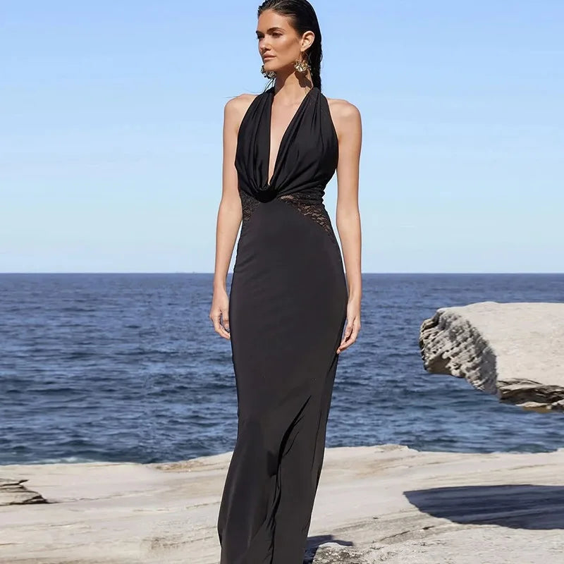 Halter Black Lace Off-shoulder Long Dress