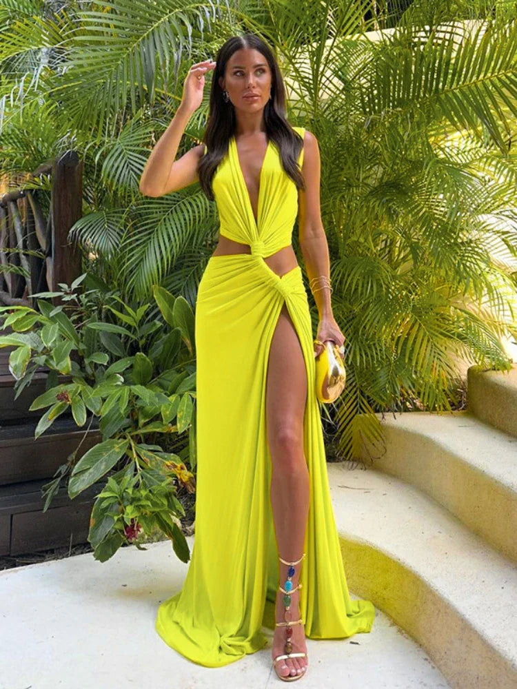 Deep V Cut Out Slit Asymmetrical Long Dress