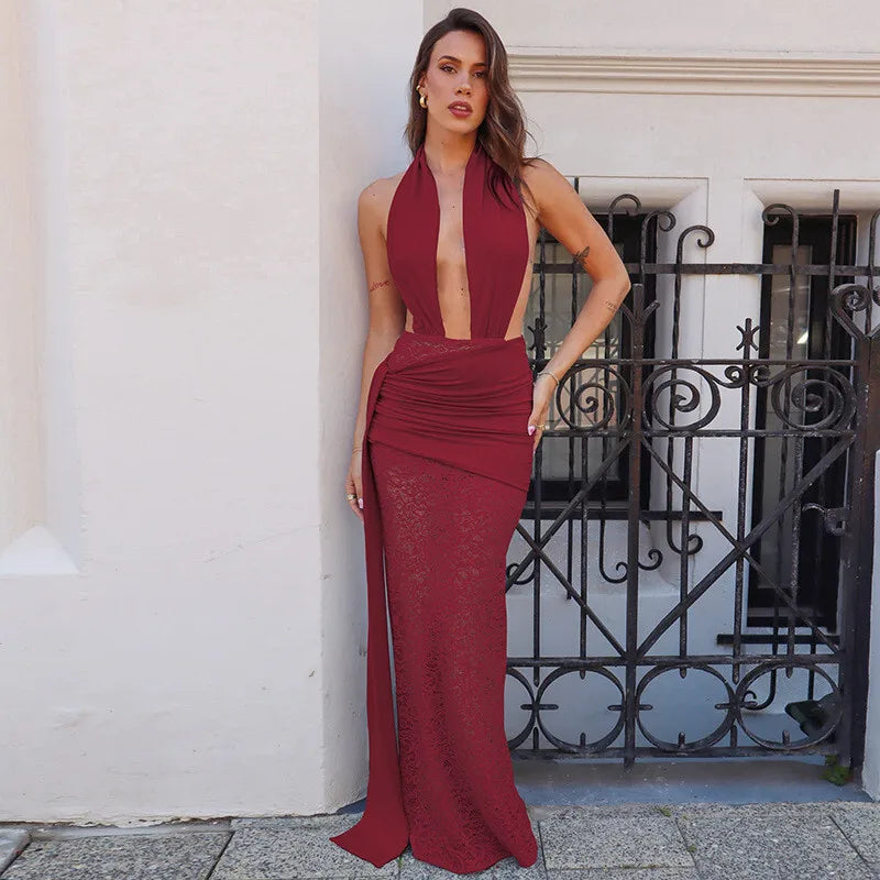 Halter Deep V Neck Lace Sleeveless Long Dress