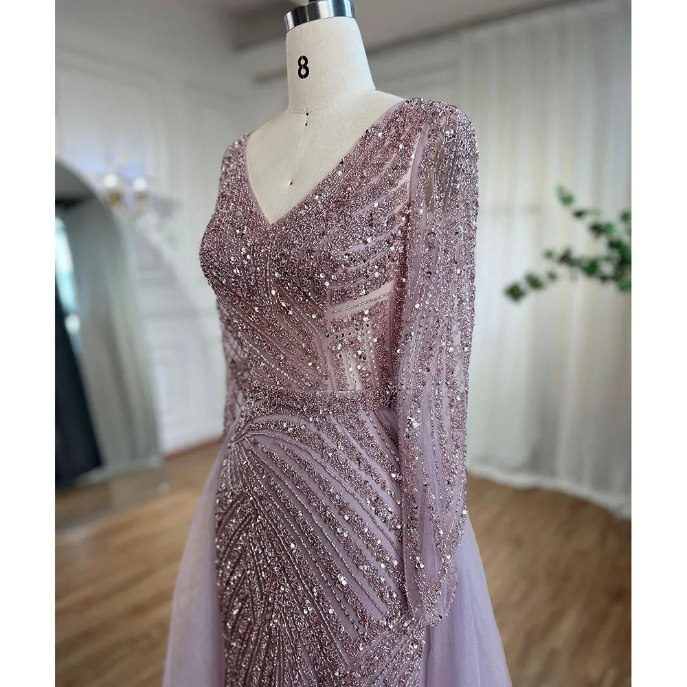 Blue Mermaid Beaded Long Sleeves Evening Gown