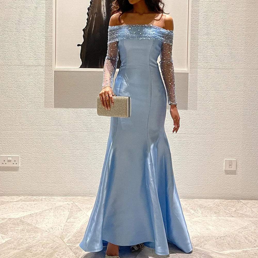 Off-Shoulder Blue Mermaid Long Sleeves Formal Gowns