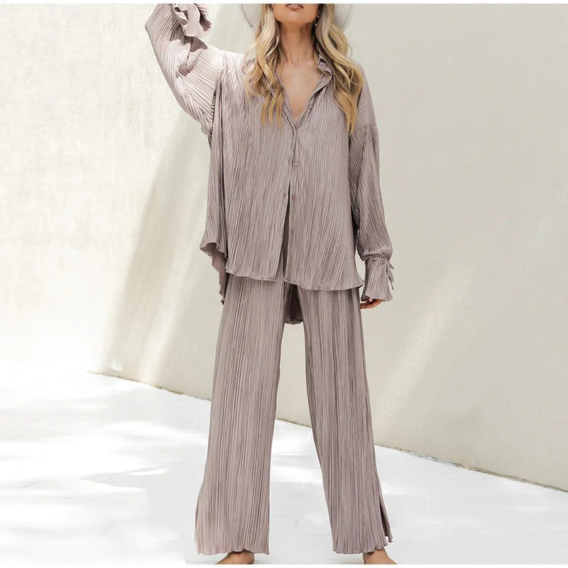 2 Piece Set Blouse Tops and Split Wide Leg Pants