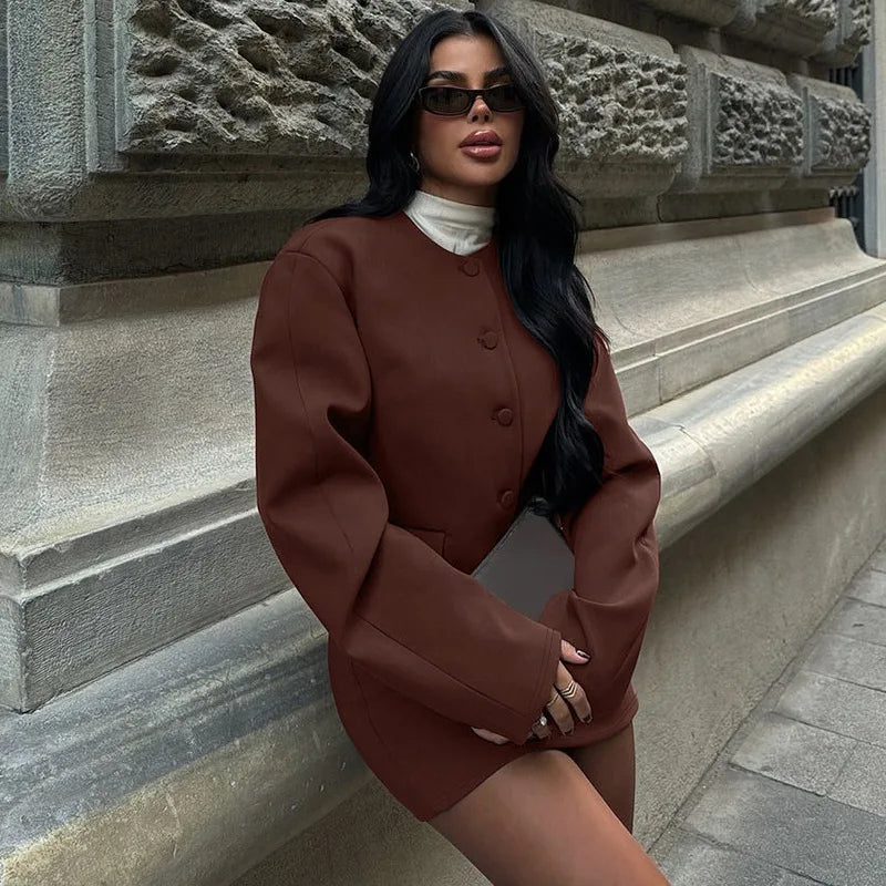 Round Neck Long Sleeve Jacket Mini Skirt Suit