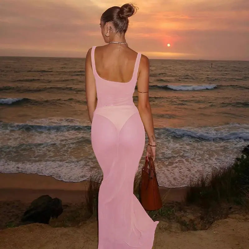 Mesh Square Neck Open Back Solid Long Dress