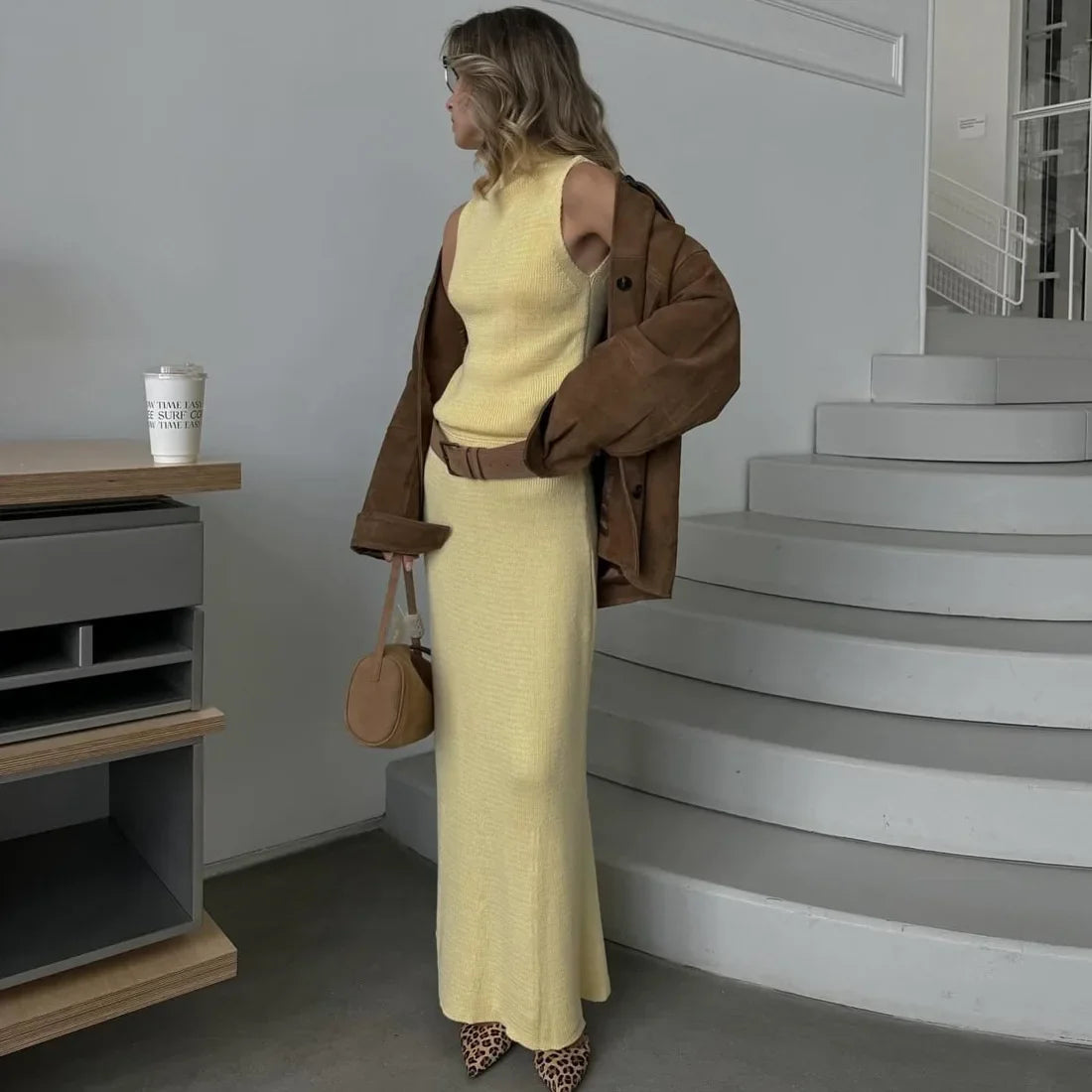 Solid Knit Sleeveless Top Long Skirt Set