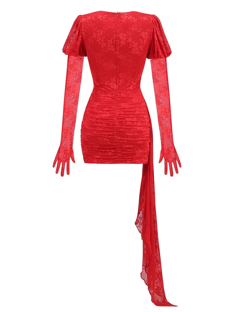 Gloves Long Sleeves Lace Floral Dress