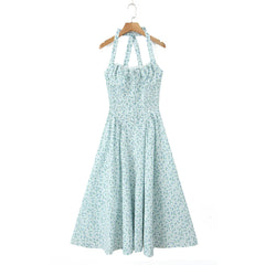 Floral Bow Halter Neck Lacing Up Midi Dress