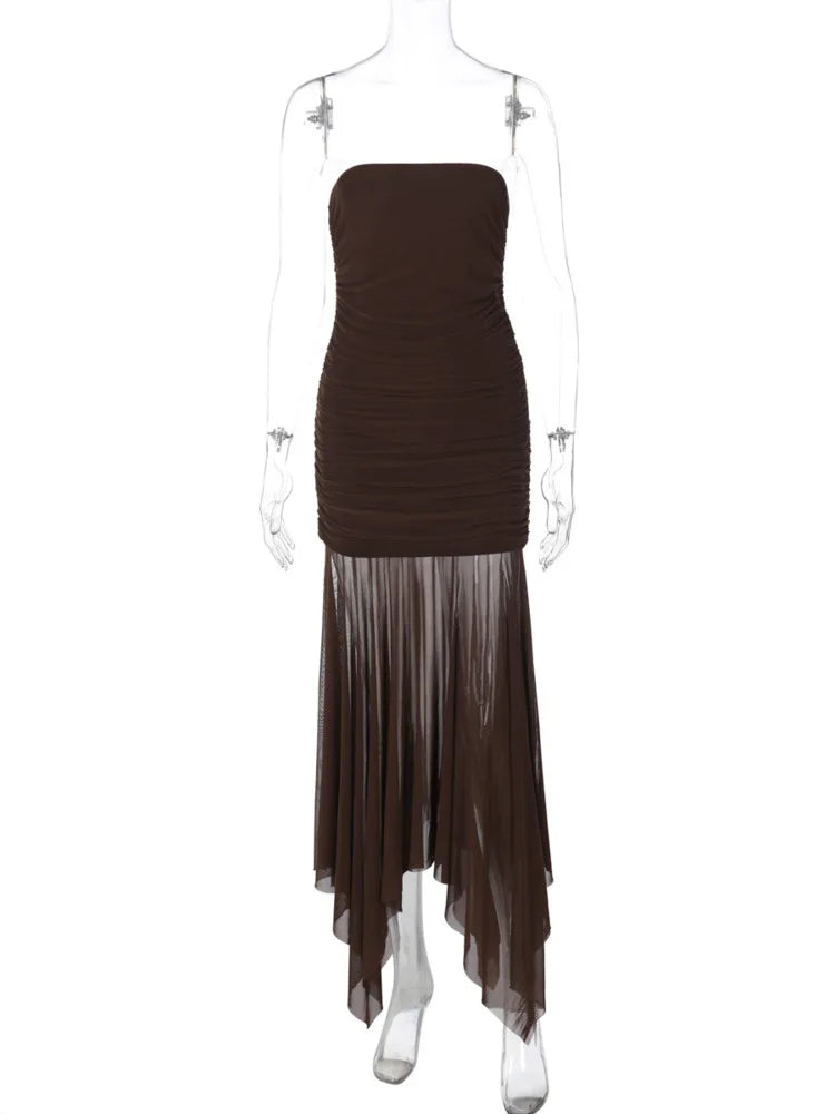Brown Off-shoulder Strapless Long Dress