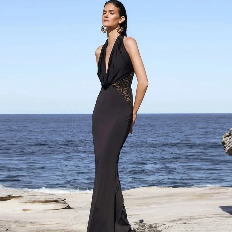 Halter Black Lace Off-shoulder Long Dress