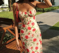 Large Flowers Elastic Buttons Midi Dress