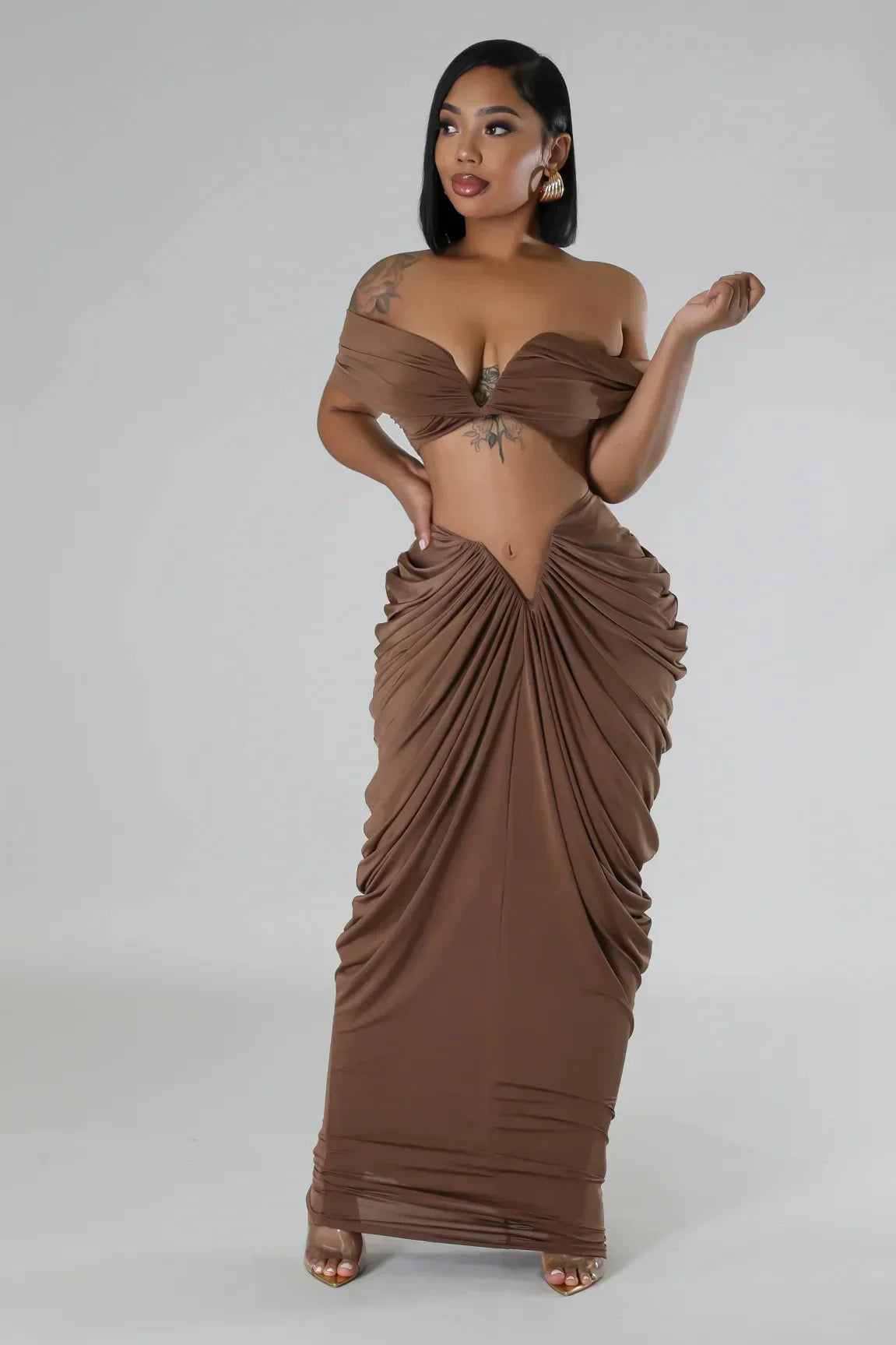 Pleated Strapless Crop Top and Long Skirt Suit