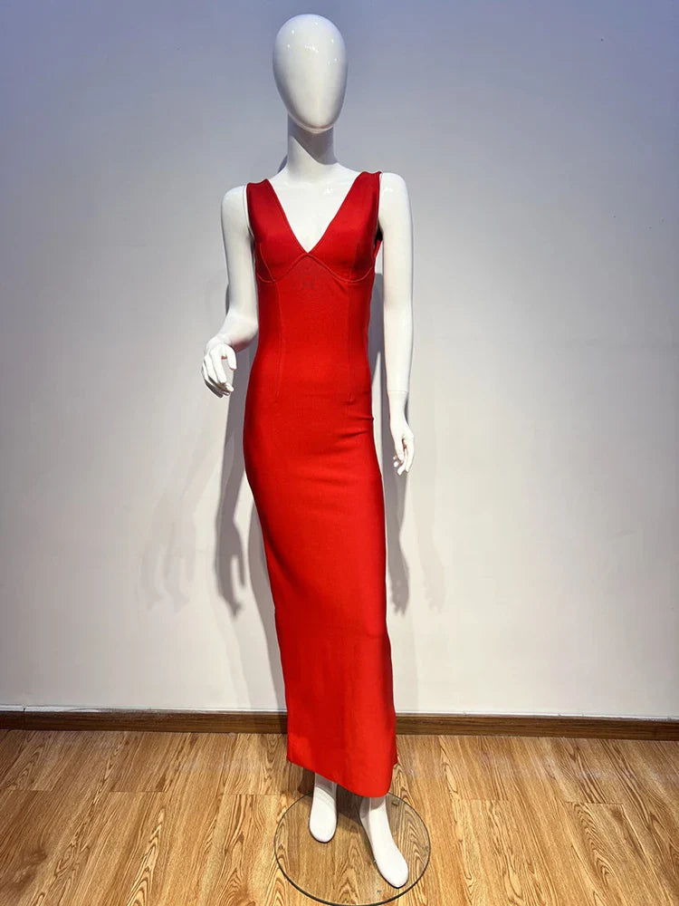 Deep V Neck Red Sleeveless Bodycon Long Dress