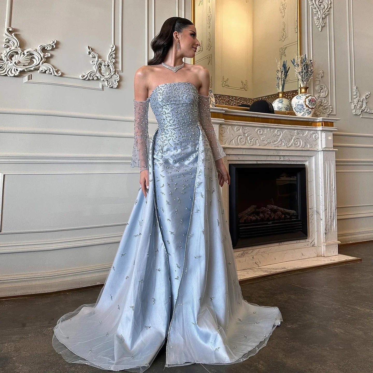 Silver Gray Evening Gown with Overskirt