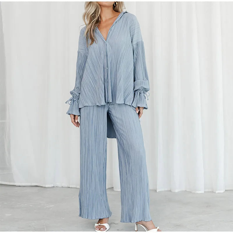2 Piece Set Blouse Tops and Split Wide Leg Pants