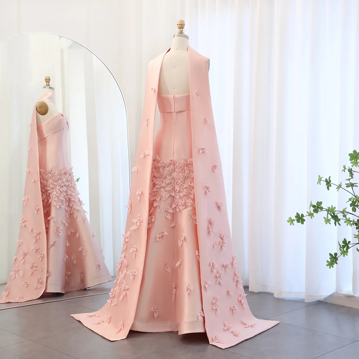 Blush Pink Mermaid Evening Gown with Cape