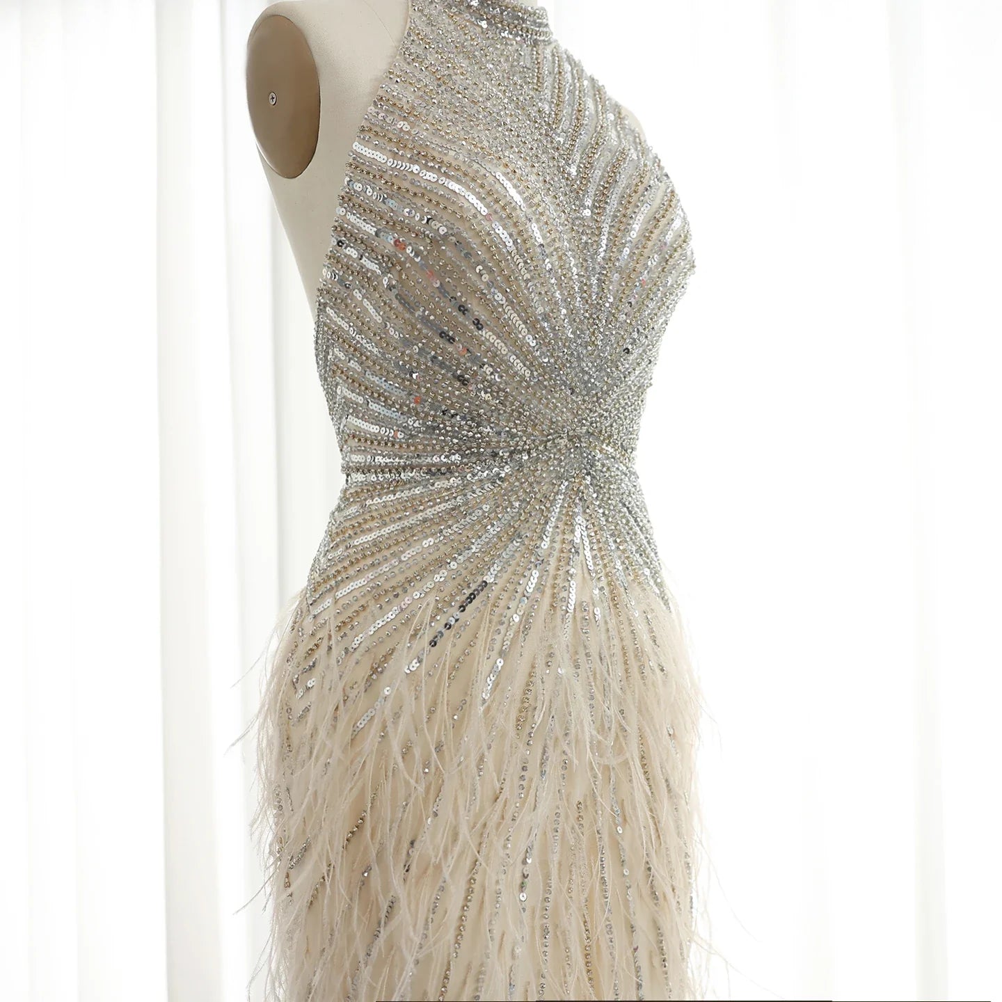 Beaded Feathers Mermaid Halter Backless Gown