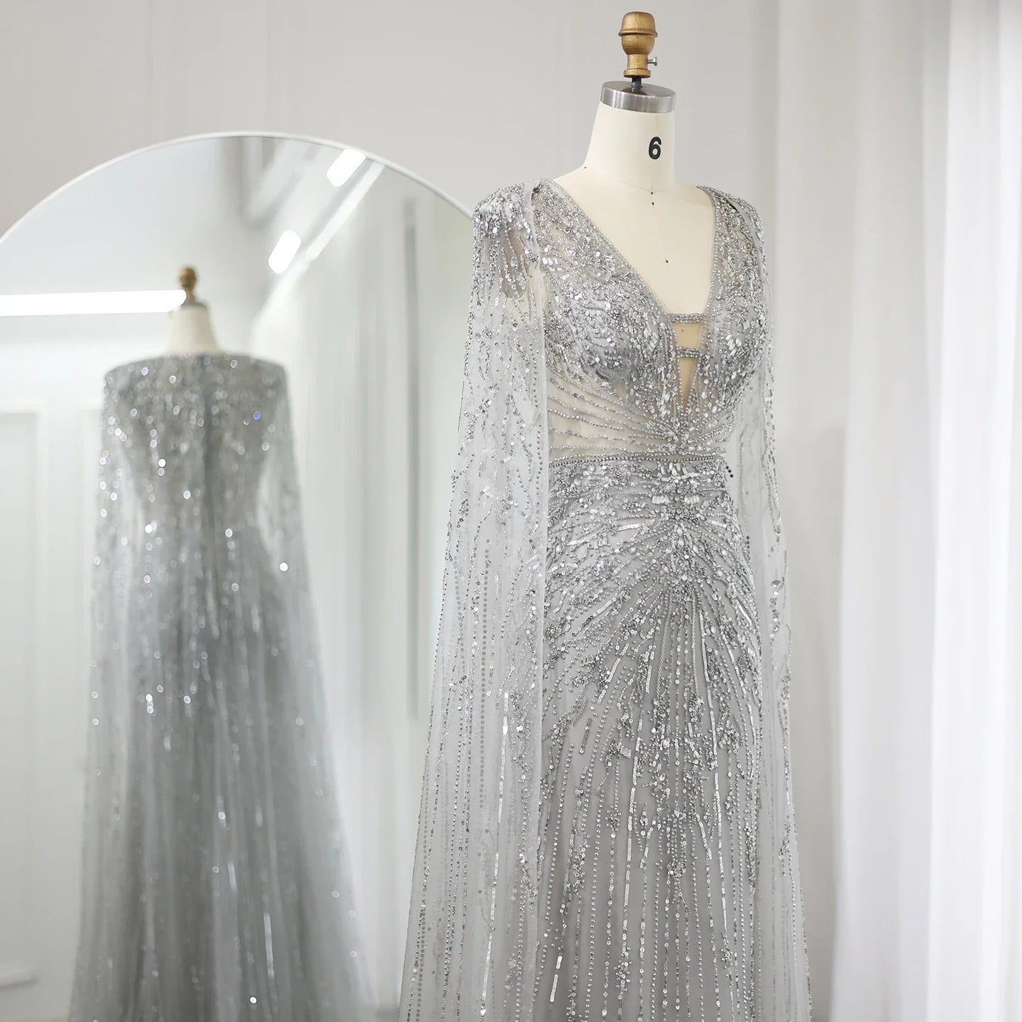 Silver-Gray Mermaid Evening Gown with Cape