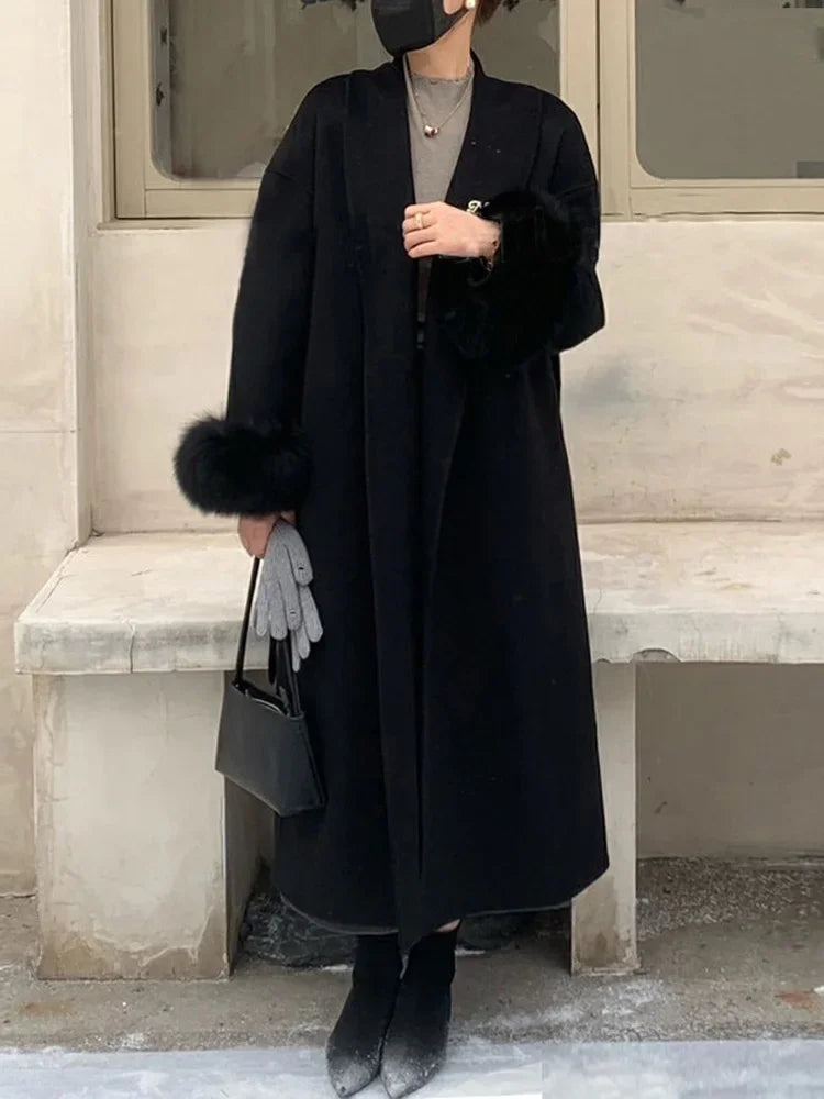 Lace-Up Fur Fluffy Lapel Long Sleeve Overcoat
