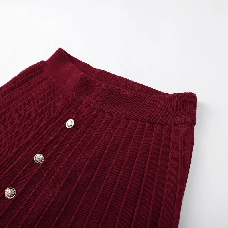 Slim Fit Elegant Burgundy Red Coat and Mini Skirt Set for Women