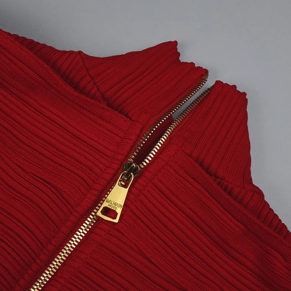 Red Bandage Turtle Neck Cross Design Long Dress